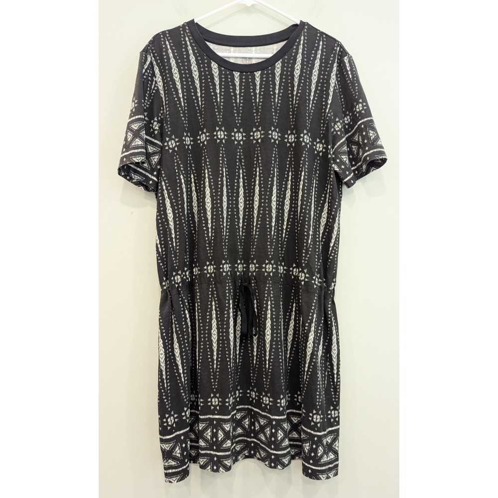 Tory Burch 100% Pima Cotton Black and Cream Drawstring Waist Dress Large